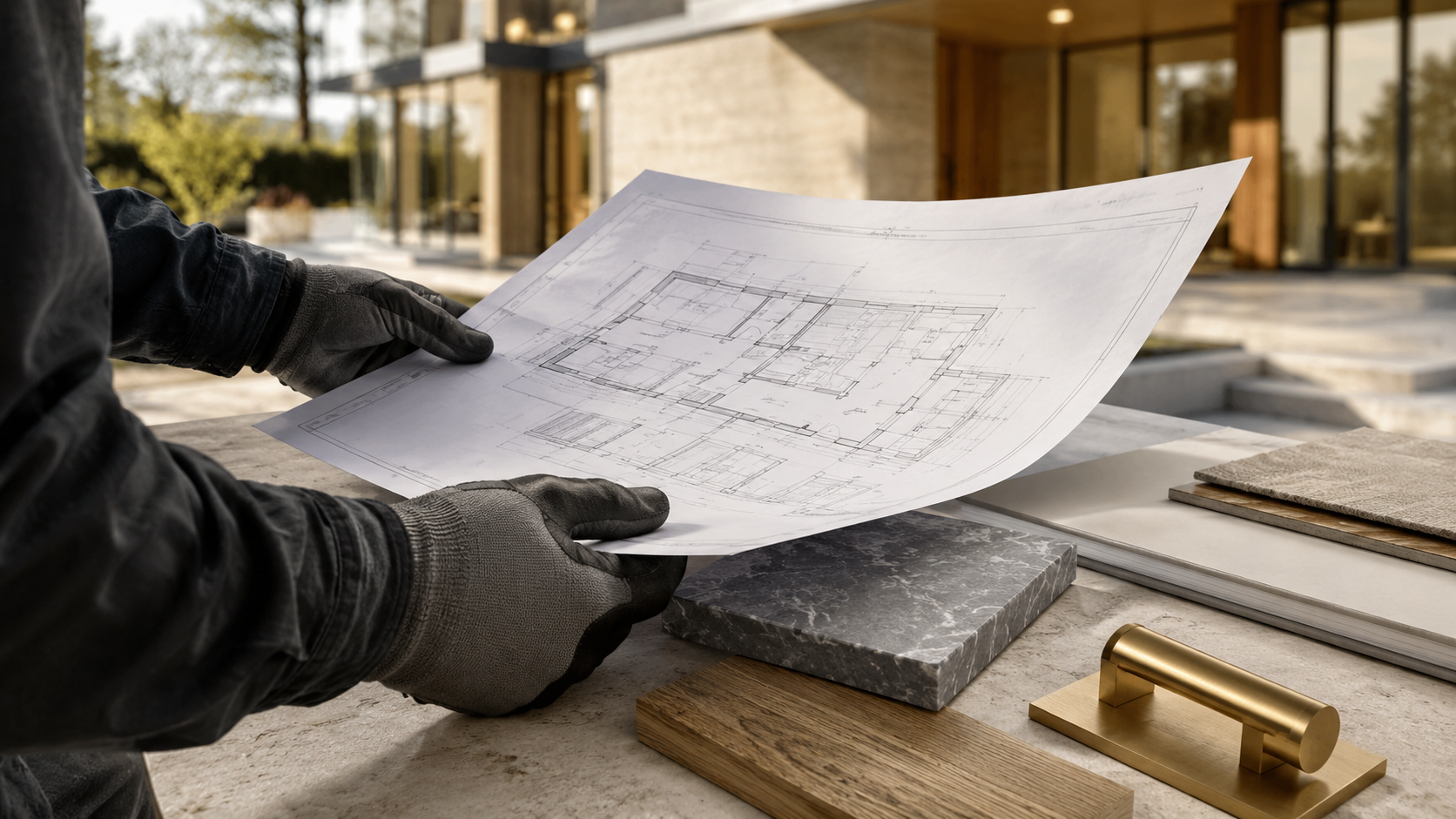 Residential construction plans and premium material samples
